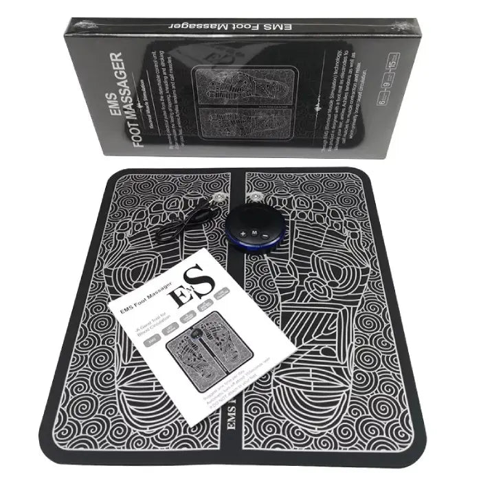 EMS foot massager package including foot pad, control unit, USB cable, and instruction manual.