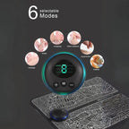 EMS foot massager control unit showing six massage modes with foot therapy icons.