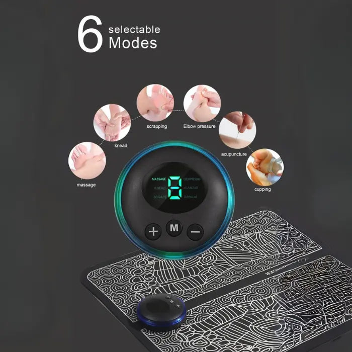 EMS foot massager control unit showing six massage modes with foot therapy icons.