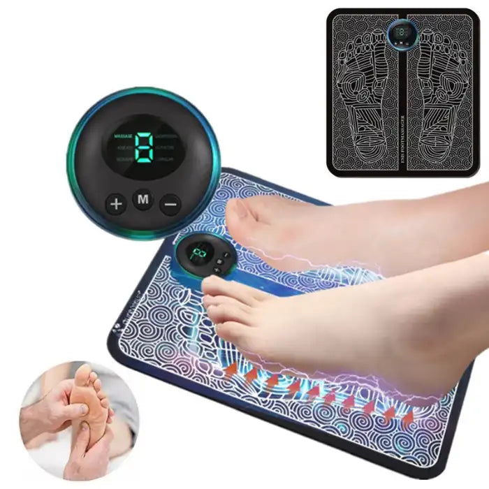 Ems Foot Massager pad in use with visible stimulation and digital controls for foot pain relief
