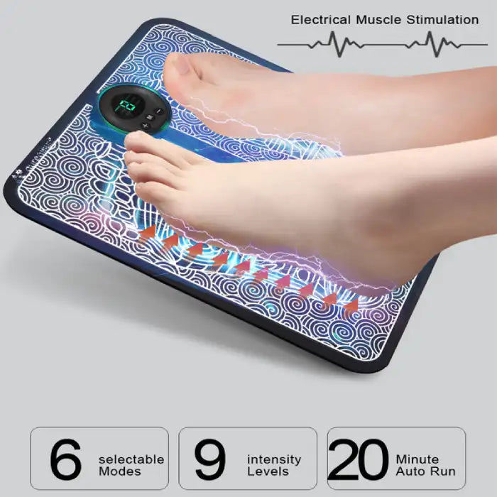 Ems Foot Massager showing six modes, nine intensity levels, and 20-minute auto run function