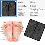 EMS foot massager chart showing intensity levels, reflex zones, and charging type.