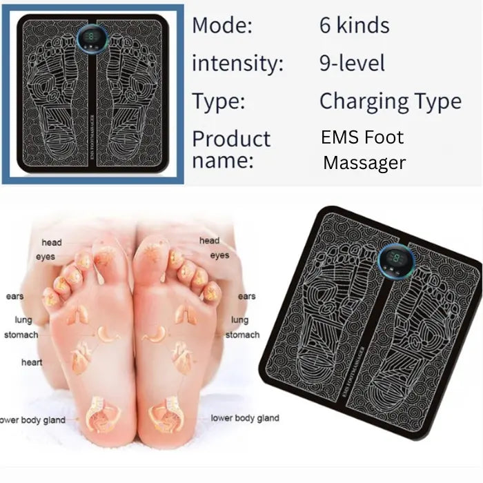 EMS foot massager chart showing intensity levels, reflex zones, and charging type.