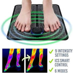 EMS foot massager with foot placement, thermal circulation improvement, and smart control display.