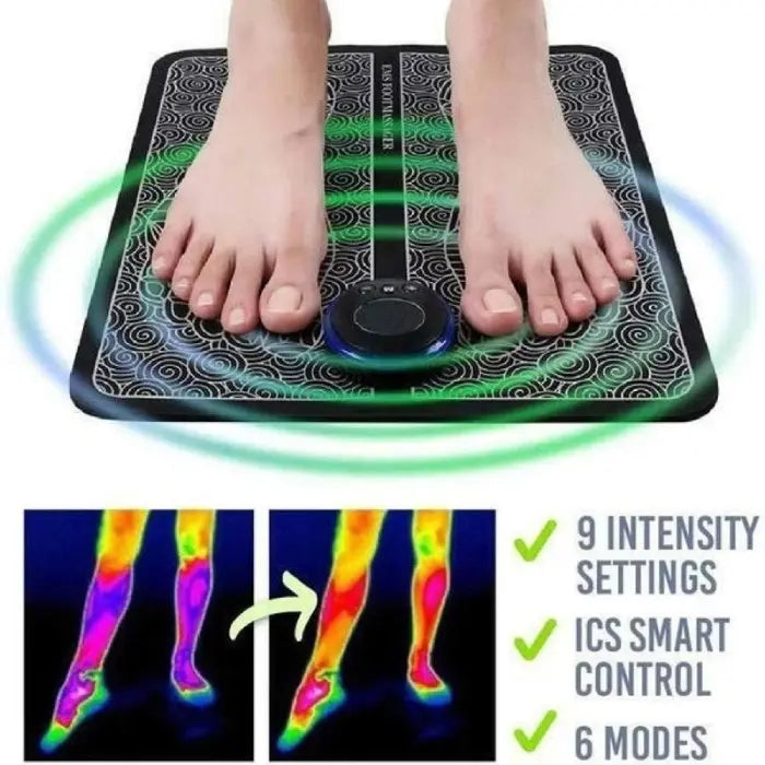 EMS foot massager with foot placement, thermal circulation improvement, and smart control display.