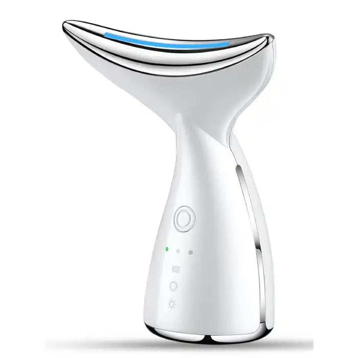Facial massager closeup view showing curved massage head with blue LED light and sleek white body