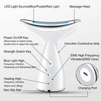 Facial massager detailed with labeled parts like power key, EMS vibration, LED lights, and charging port