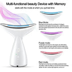 Facial massager shows blue, red, and purple LED modes with skincare benefits and collagen boosting