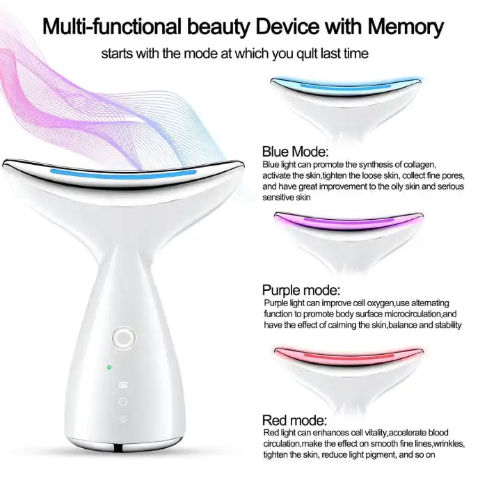 Facial massager shows blue, red, and purple LED modes with skincare benefits and collagen boosting