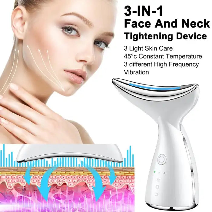 Facial massager used for neck lifting with arrows showing skin tightening and dermal layer stimulation