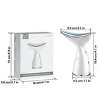 Facial massager shown beside retail packaging with product and box dimensions listed in inches and centimeters