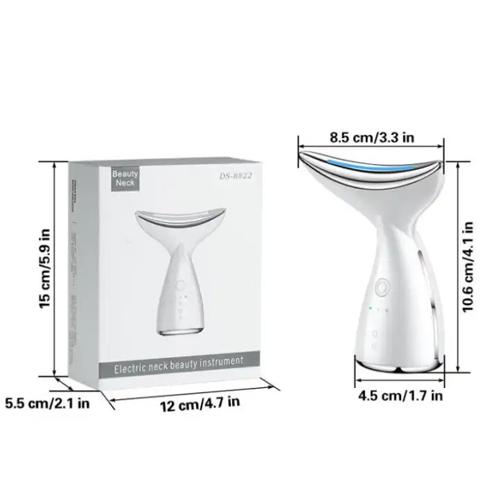 Facial massager shown beside retail packaging with product and box dimensions listed in inches and centimeters