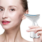 Facial massager tightens skin using curved LED head on cheek for lifting and contouring effect