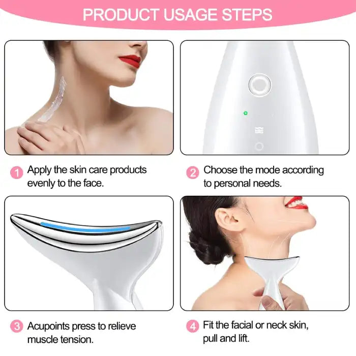 Facial massager usage guide showing how to apply skincare, select modes, and use on neck or face