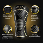 Knee compression sleeve with silicone grip, 3D knit design, copper fibers, and muscle-protecting compression.