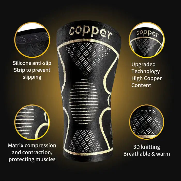 Knee compression sleeve with silicone grip, 3D knit design, copper fibers, and muscle-protecting compression.