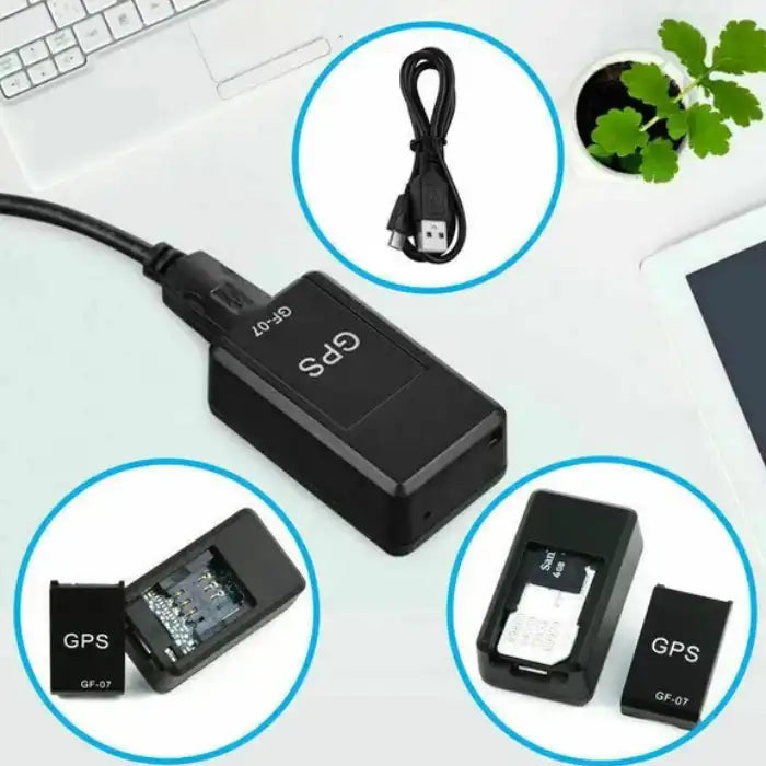 GPS Tracker shown charging via USB with detailed breakdown of parts including SIM and TF card slots