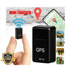 GPS Tracker mini device shown with phone location map and use cases for car, pet, and person tracking