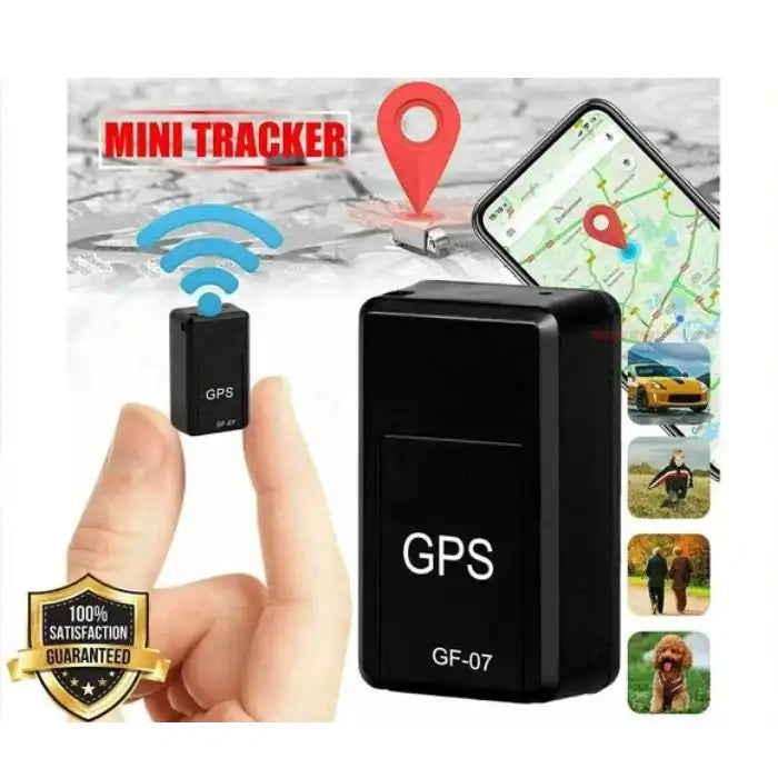 GPS Tracker mini device shown with phone location map and use cases for car, pet, and person tracking