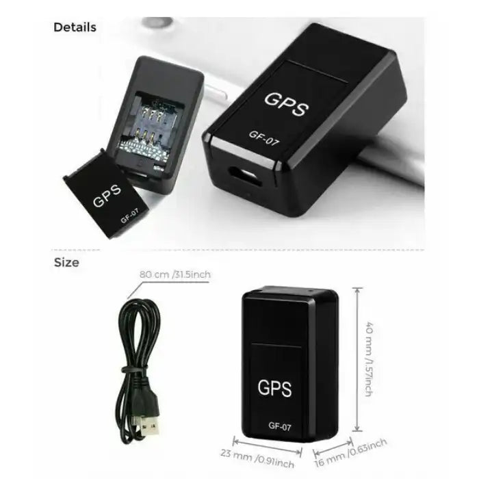 GPS Tracker with USB cable and measurements displayed for easy size reference and charging setup