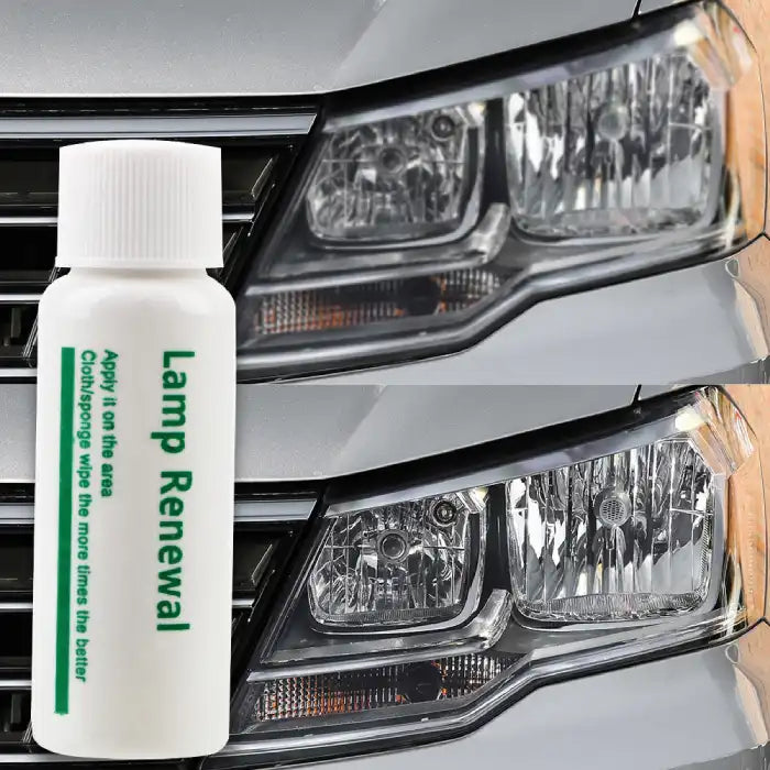 Headlight Repair cleaner showing restored clear headlights compared to foggy ones before use.