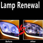 Side-by-side comparison of car headlight before and after restoration on yellow vehicle