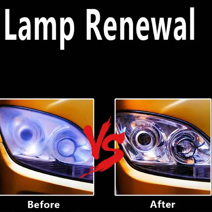 Side-by-side comparison of car headlight before and after restoration on yellow vehicle