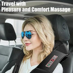 Heated 3D Kneading Massage Pillow used in car for travel comfort with built-in control panel visible