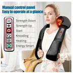 Heated 3D Kneading Massage Pillow showing manual control panel with strength, heat, and kneading options