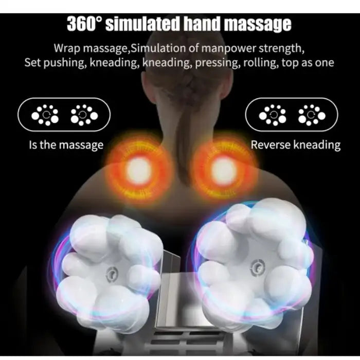 Heated 3D Kneading Massage Pillow showing 360-degree simulated hand massage with dual kneading nodes