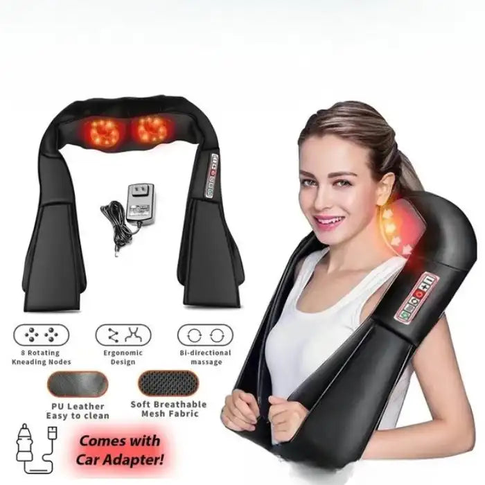 Heated 3D Kneading Massage Pillow with ergonomic wrap design, car adapter, and rotating massage nodes