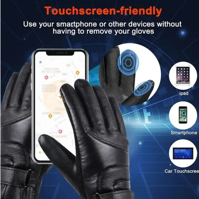 Heated gloves with touchscreen fingertips for smartphone, tablet, and car screen access