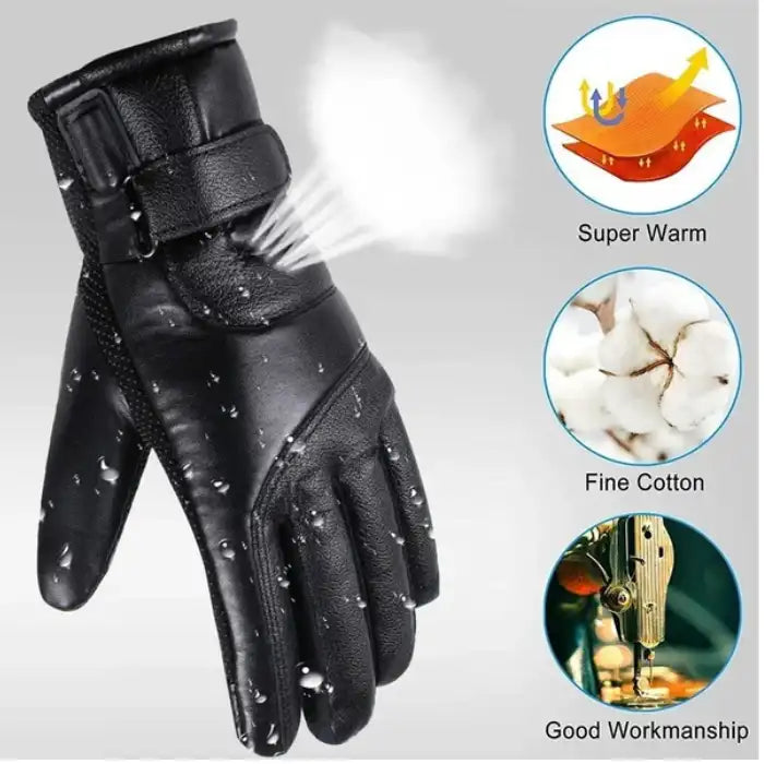 Heated gloves with waterproof leather, cotton lining, and breathable vents for cold conditions
