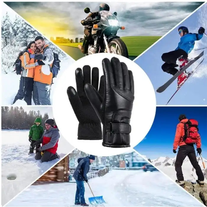 Heated gloves shown in outdoor winter activities including skiing, hiking, and ice fishing