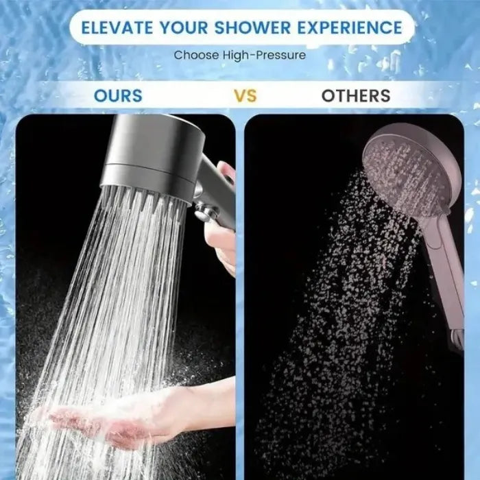 Side-by-side comparison of high pressure shower head versus standard low flow shower head.