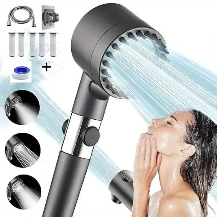 High pressure shower head with filtration system spraying water on woman's face during bath.
