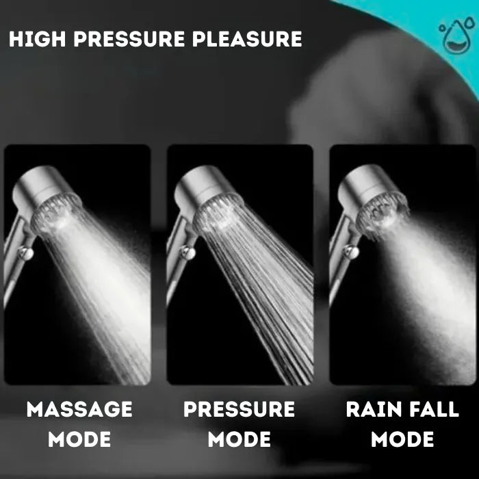 High pressure shower head showing massage, pressure, and rainfall spray options.