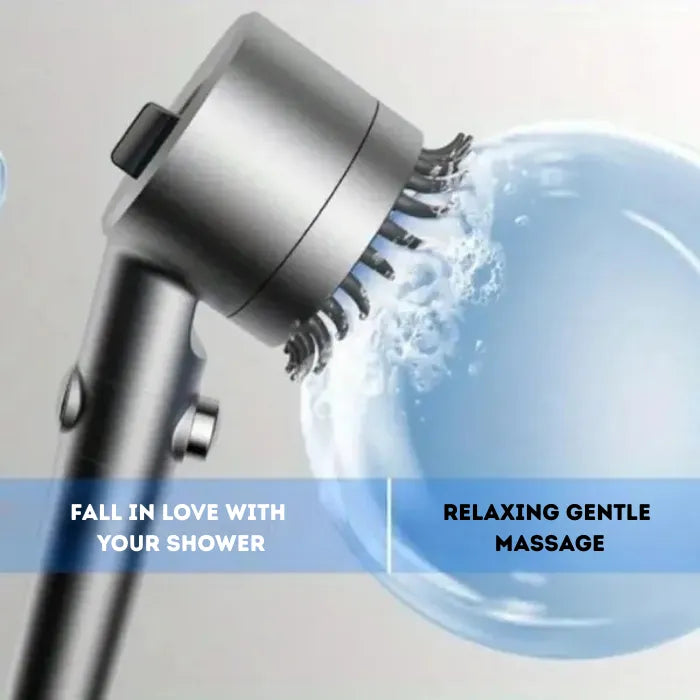 High pressure shower head releasing water for a relaxing massage bubble effect.