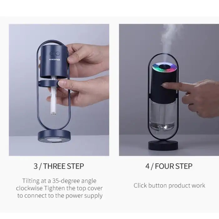 Humidifier assembly and power-on instructions with tilt and button activation.
