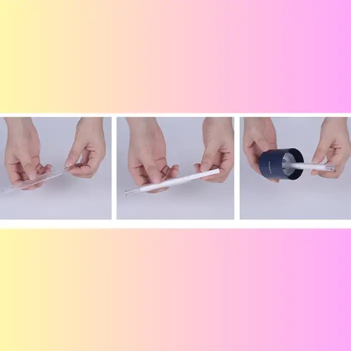 Humidifier filter stick installation shown step-by-step with hands demonstrating each part.