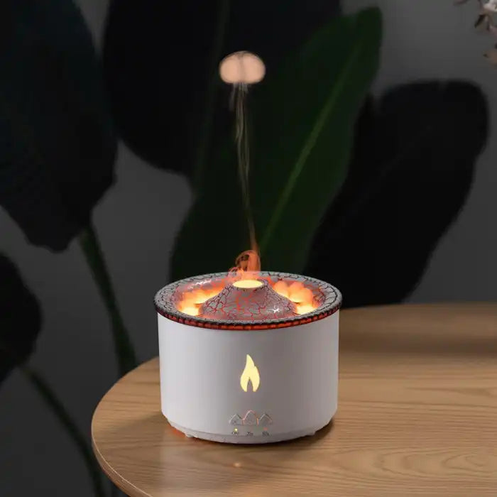 .Humidifier with orange LED glow and light aroma vapor rising on wooden surface