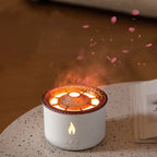 Humidifier with glowing orange vapor and pink petal effects for soothing ambiance