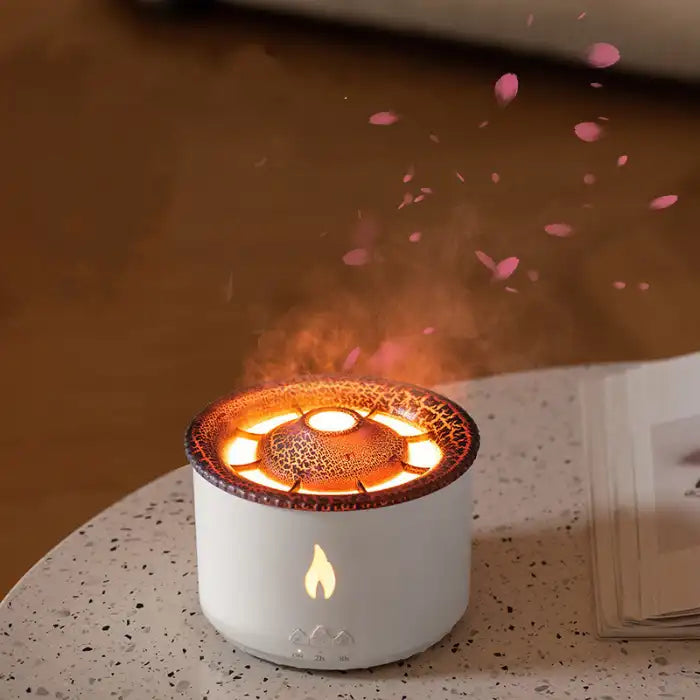 Humidifier with glowing orange vapor and pink petal effects for soothing ambiance