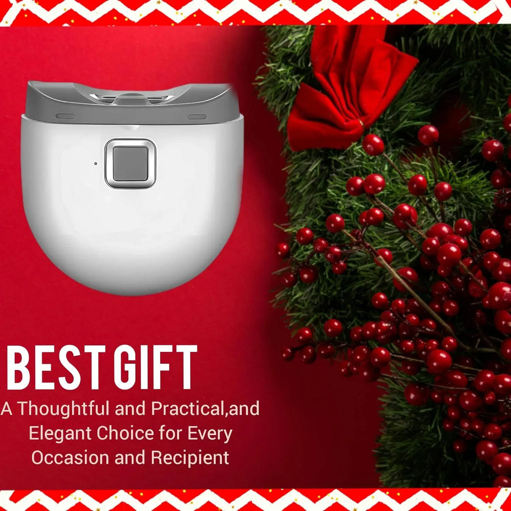 Infant nail clipper featured as a thoughtful holiday gift with red festive background and wreath.