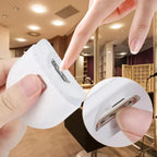 Infant nail clipper in use with easy one-button control and close-up of trimming head.