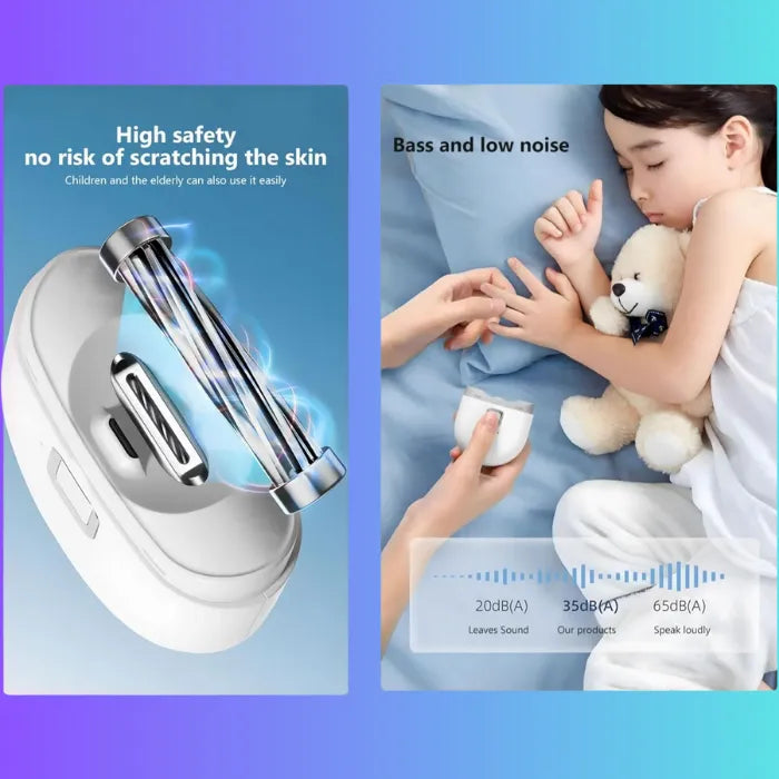 Infant nail clipper with child-safe blade and low noise level shown in family setting.