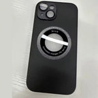 Smooth black iPhone protective case with circular magnetic ring on white surface