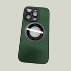iPhone protective case in deep green with circular MagSafe ring on smooth surface