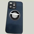 Navy blue smooth iPhone protective case with circular magnetic holder on white desk