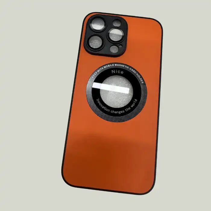 Orange iPhone protective case with black MagSafe magnetic ring and matte finish
